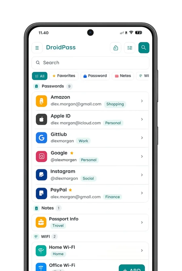 DroidPass password manager app showing the secure vault on a phone