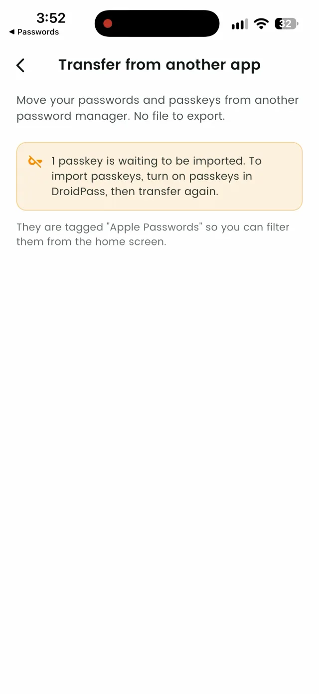 The result screen also tells you if anything was left behind — here, a passkey.