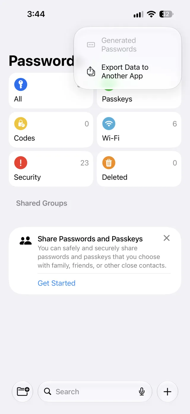 Export Data to Another App sits behind the &hellip; button, not in Settings.
