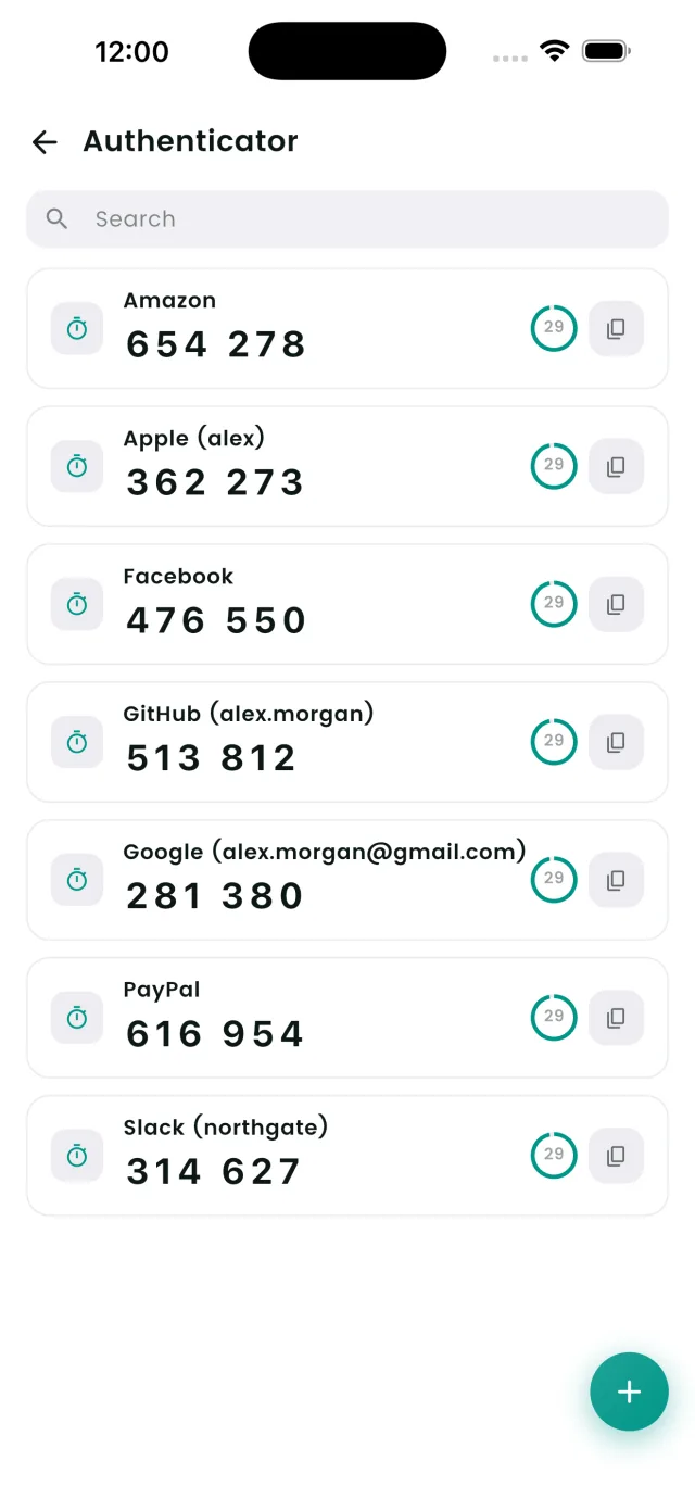 DroidPass built-in authenticator generating live two-factor codes