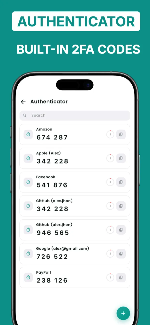 DroidPass built-in authenticator screen showing live 2FA codes for Amazon, Apple, Facebook, GitHub, Google and PayPal