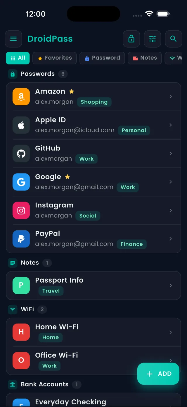 DroidPass vault in dark mode for comfortable nighttime use