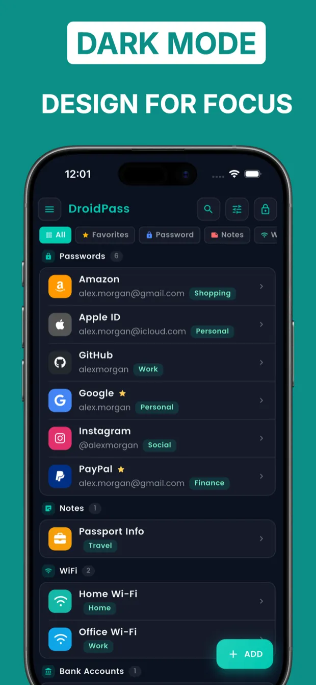 DroidPass vault in dark mode for comfortable nighttime use