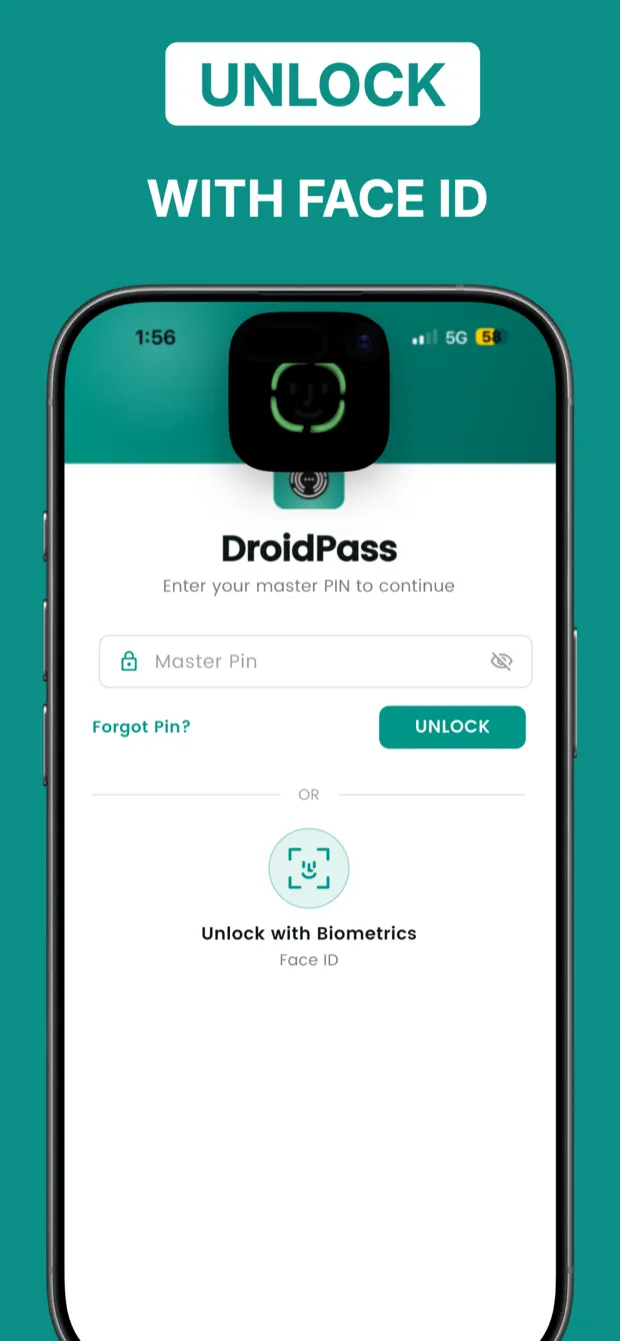 DroidPass lock screen with master PIN entry and Face ID biometric unlock option