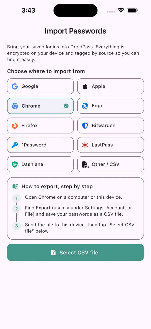 Wer Chrome wählt, bekommt die Exportschritte genau für Chrome.