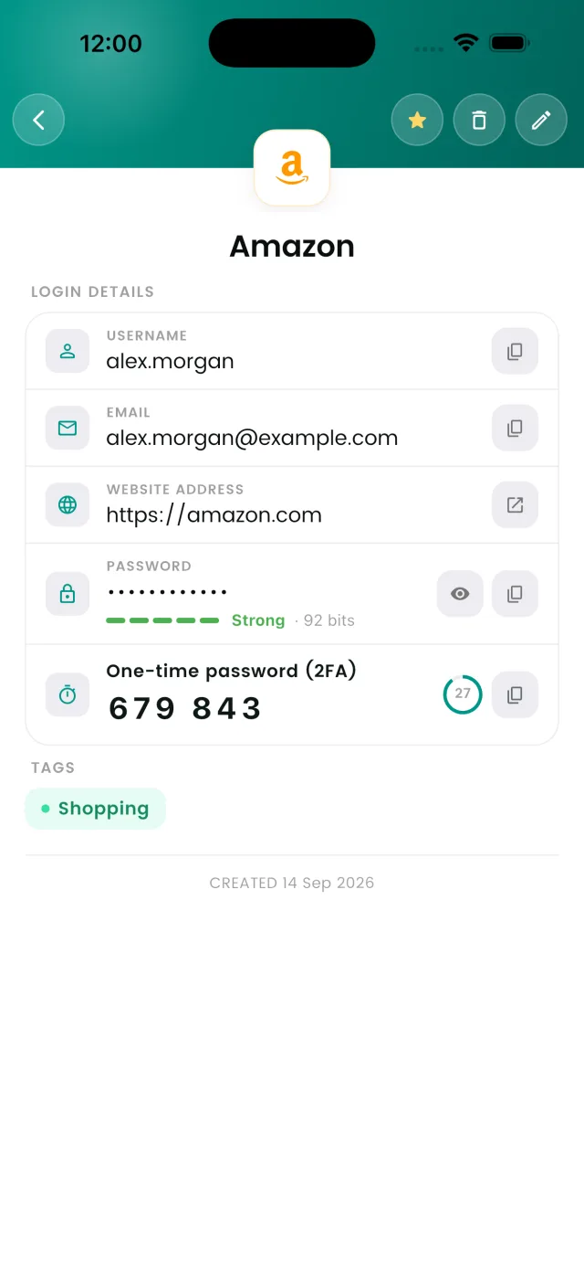 DroidPass login entry showing username, password strength and built-in 2FA code