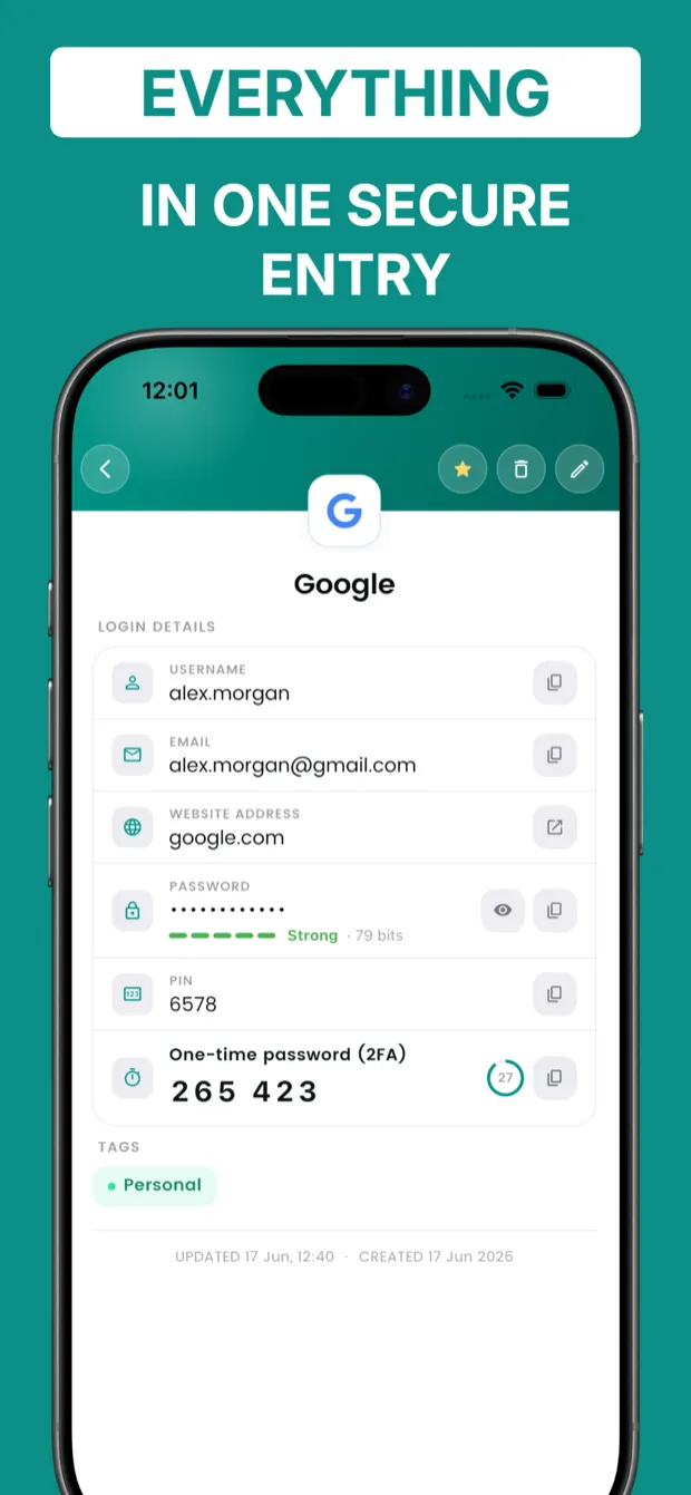 DroidPass login entry showing username, email, password strength, PIN and a built-in 2FA code