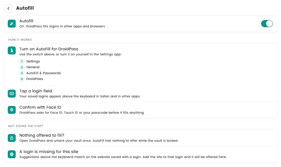 DroidPass Autofill settings on a Mac with the Autofill switch turned on