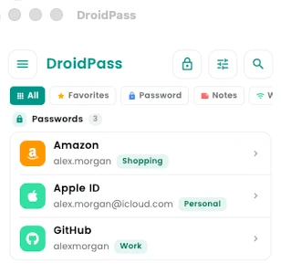 The DroidPass vault on a Mac showing saved logins for Amazon, Apple ID and GitHub