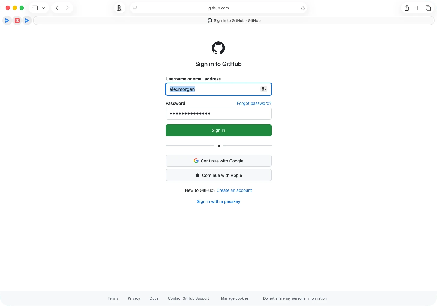 GitHub sign-in page in Safari on Mac with the username and password filled in by DroidPass