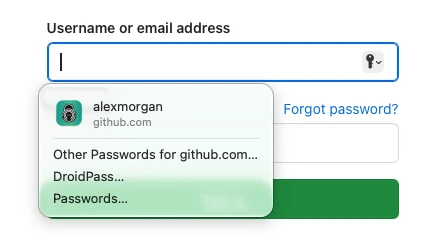 Safari on Mac offering a saved DroidPass login under the username field on GitHub