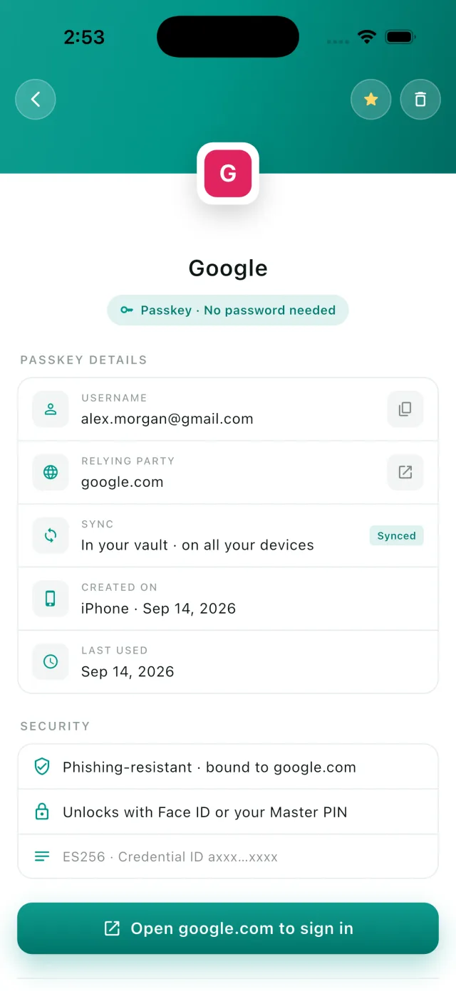 A single DroidPass passkey for google.com showing it is synced across devices, phishing-resistant, bound to google.com, and unlocks with Face ID or the Master PIN