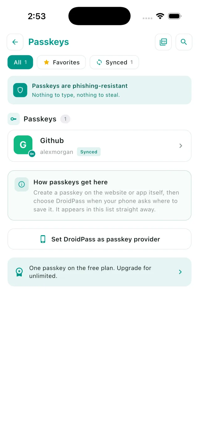 DroidPass passkeys screen on the free plan showing one passkey saved and a note that the free plan keeps one passkey