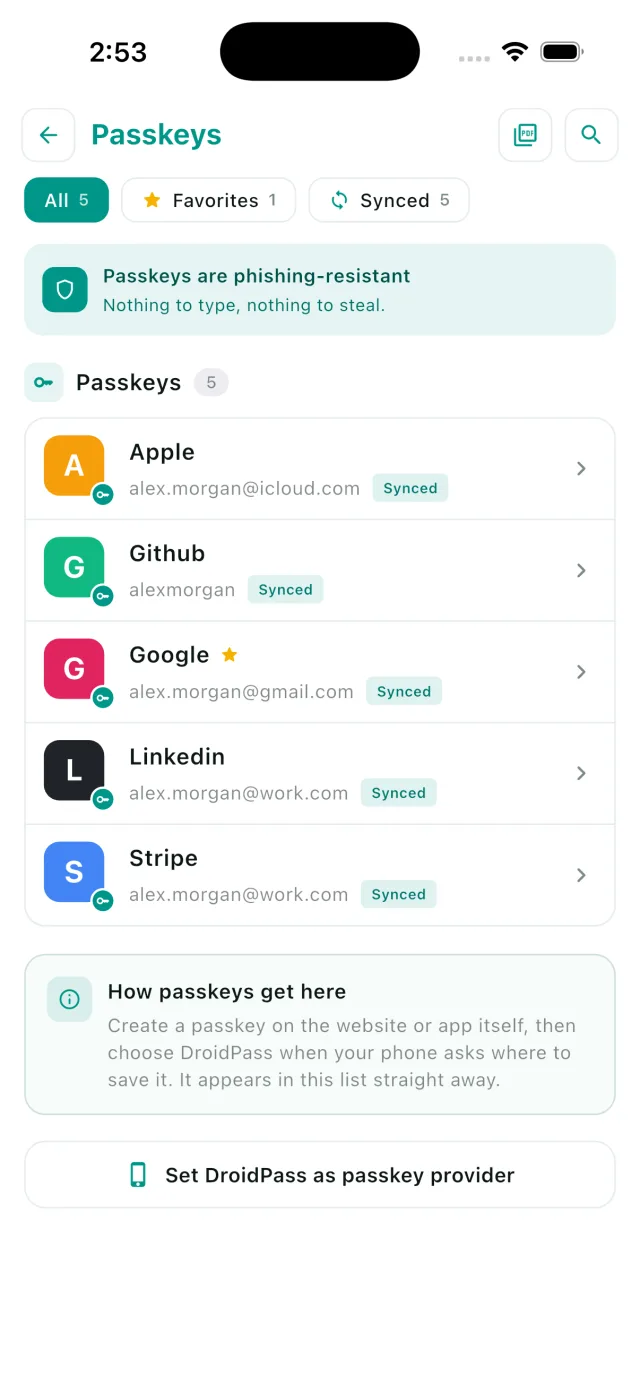 DroidPass passkeys screen listing Apple, Github, Google, Linkedin and Stripe passkeys, each marked Synced, with a phishing-resistant banner at the top
