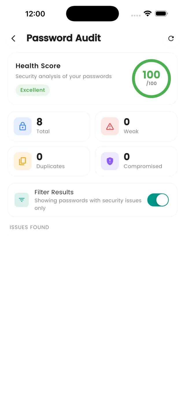 DroidPass password audit showing a health score and weak password alerts