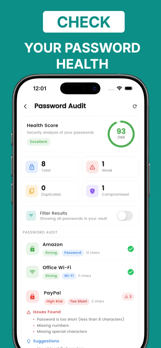 DroidPass password audit showing a health score and weak password alerts
