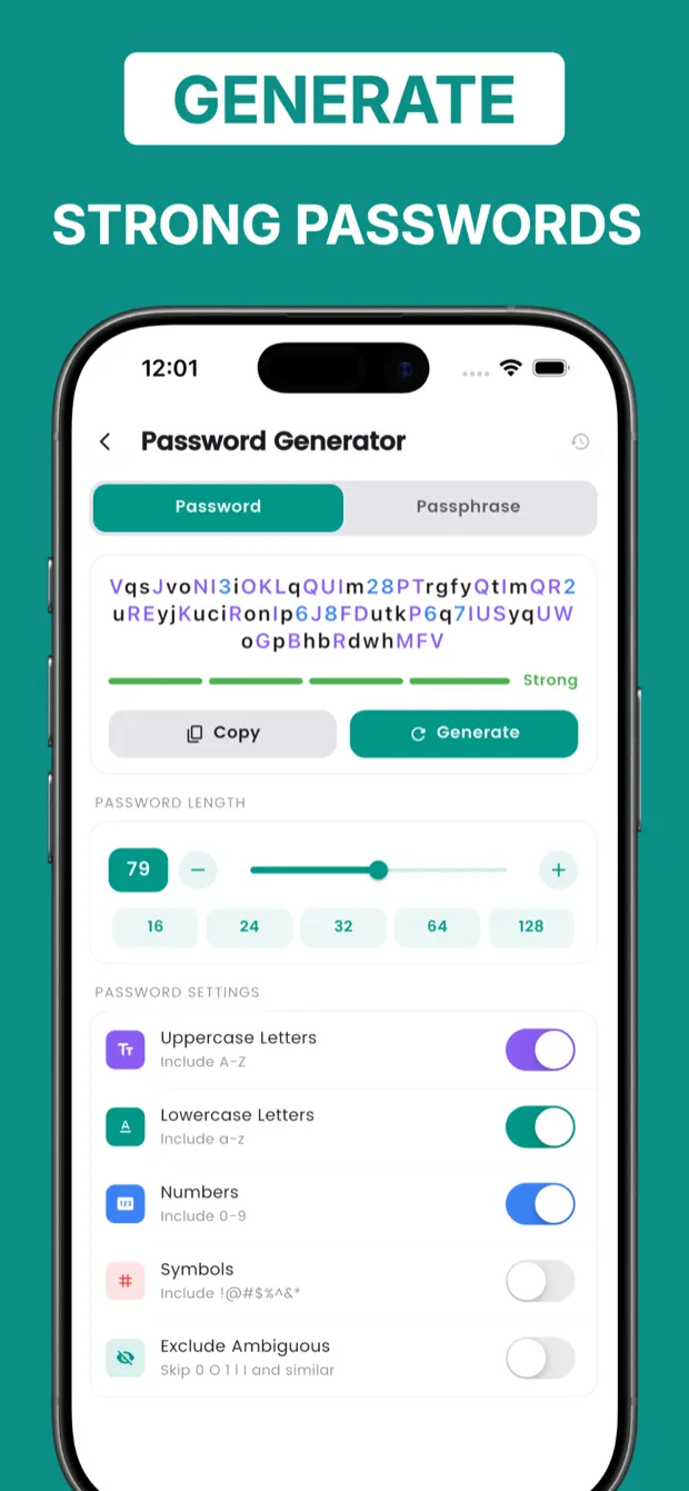 DroidPass strong password generator with length and character options