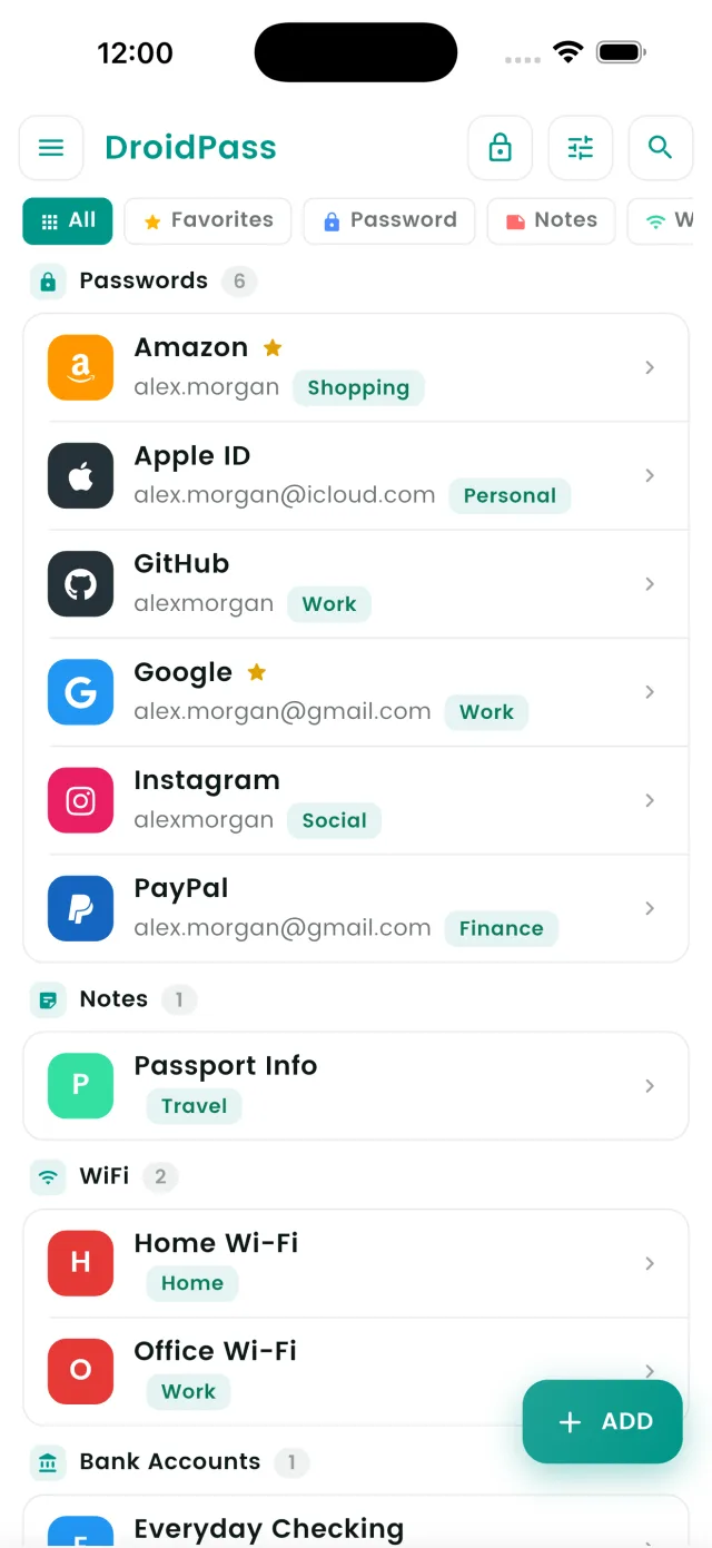 La caja fuerte de DroidPass con cuentas, notas y tarjetas en una lista cifrada