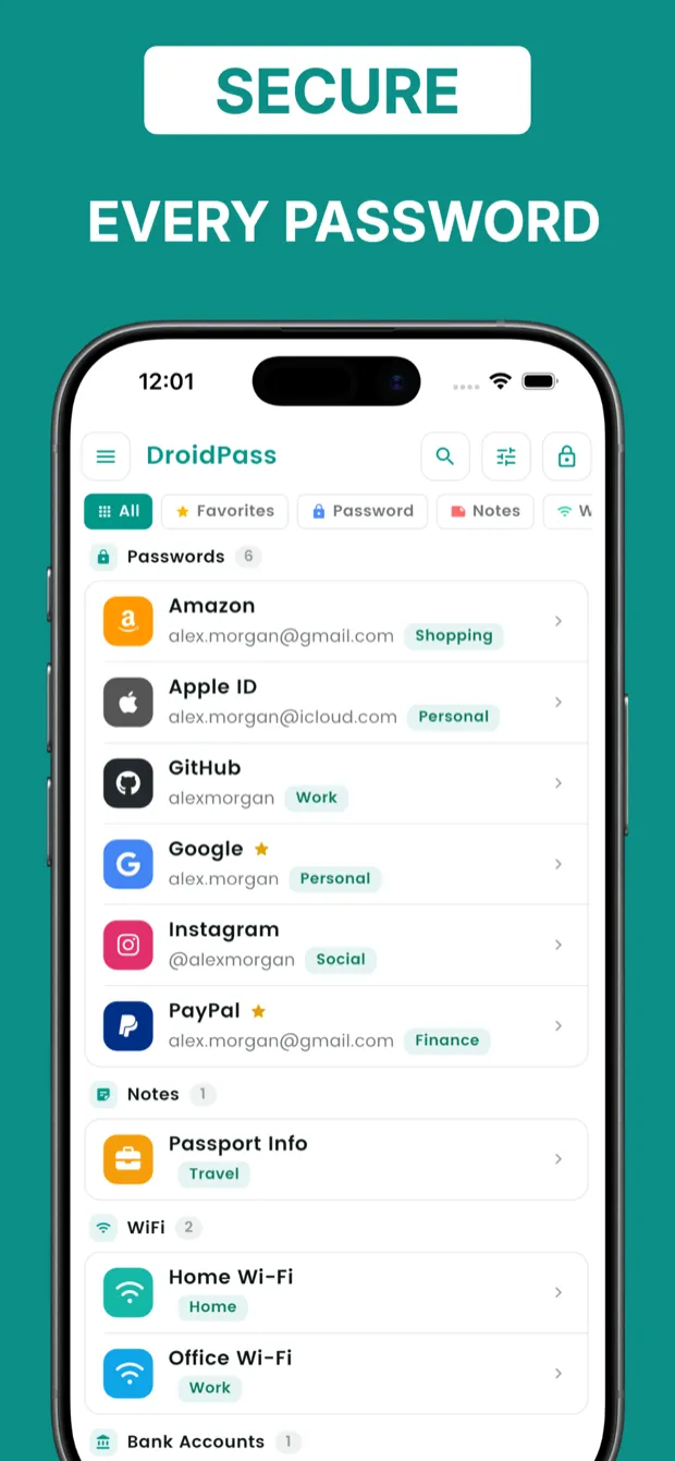 DroidPass vault after importing passwords, cards, notes and WiFi entries
