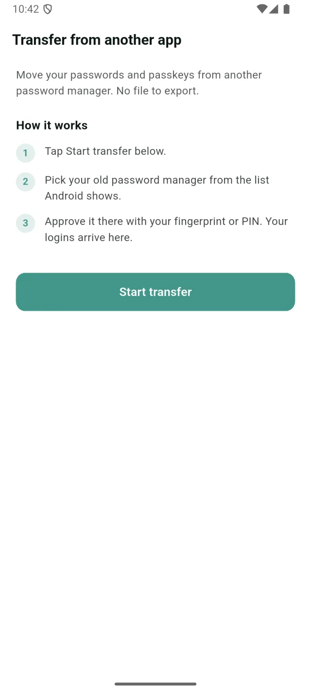 DroidPass transfer screen on Android: three steps ending in a Start transfer button, which opens the list of password managers Android can pull from